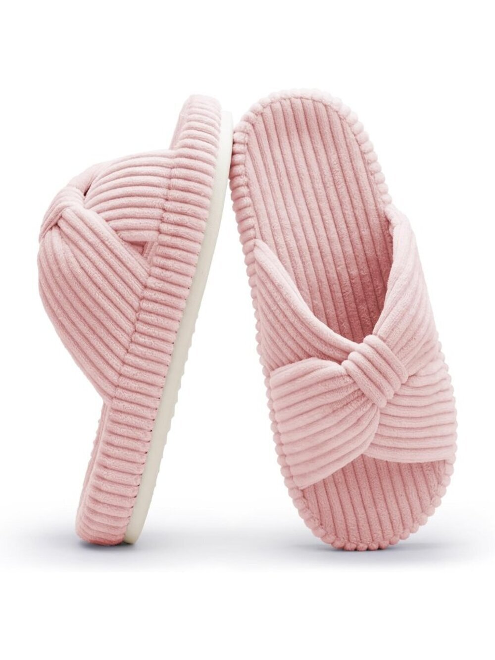 Women's Pink Memory Foam House Corduroy Bow Crossbands Comfy Soft Slipper Shoes